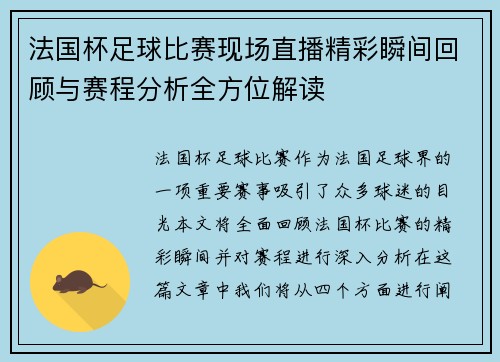法国杯足球比赛现场直播精彩瞬间回顾与赛程分析全方位解读 法国杯足球比赛现场直播精彩瞬间回顾与赛程分析全方位解读